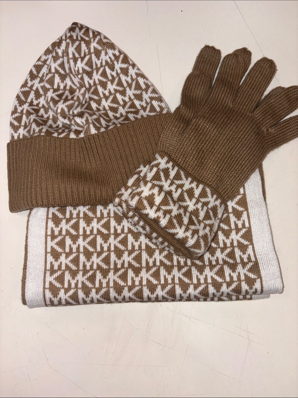 Michael Kors Tan & White MK Logo Knit Hat, Scarf and Glove Set